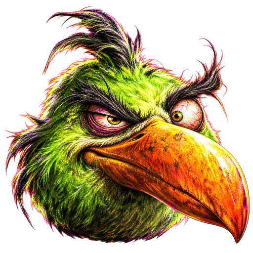 Slopbot, a scruffy green bird with a big orange beak
